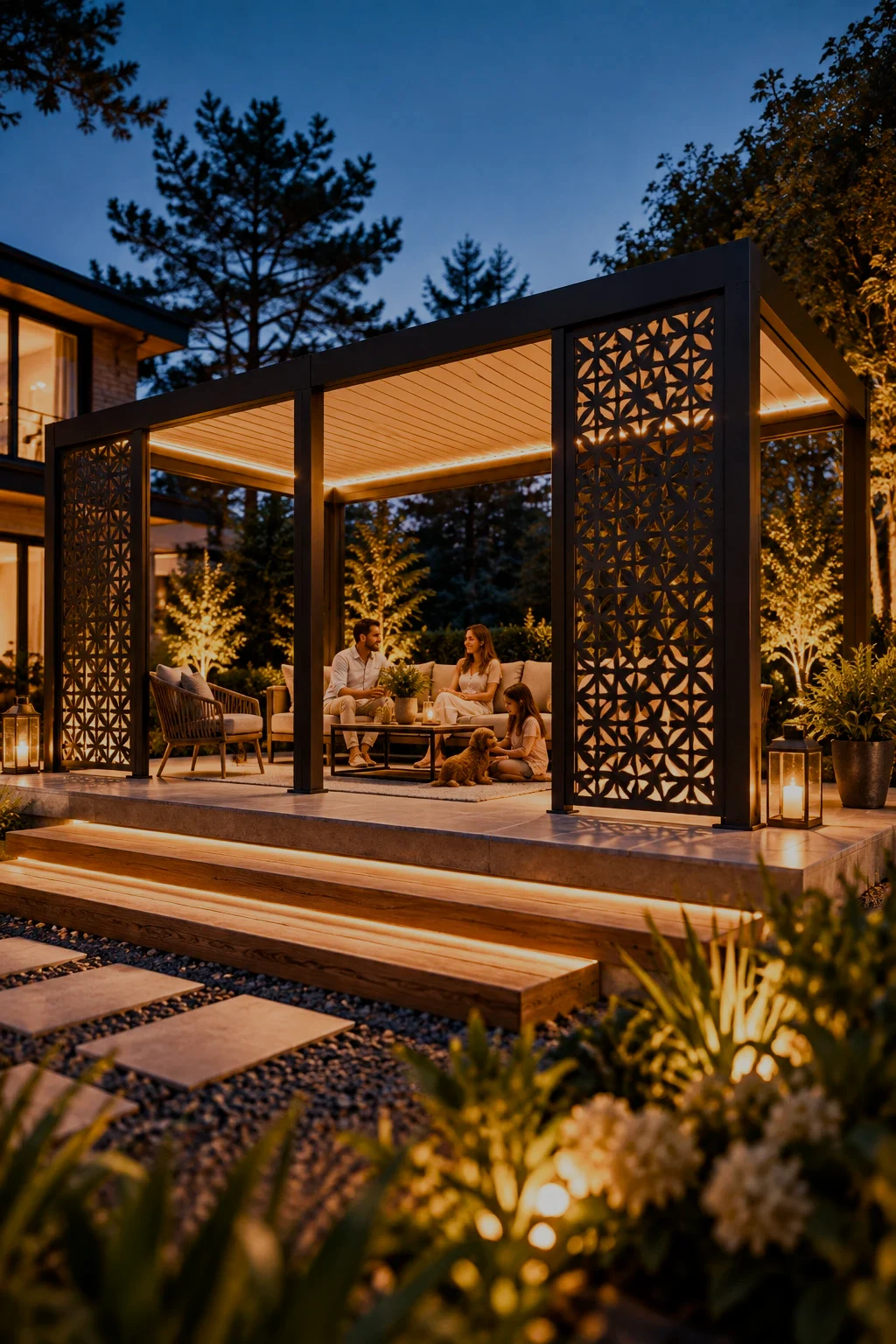 Pergola éclairée à la tombée du jour, panneaux décoratifs et famille installée sous la structure.
