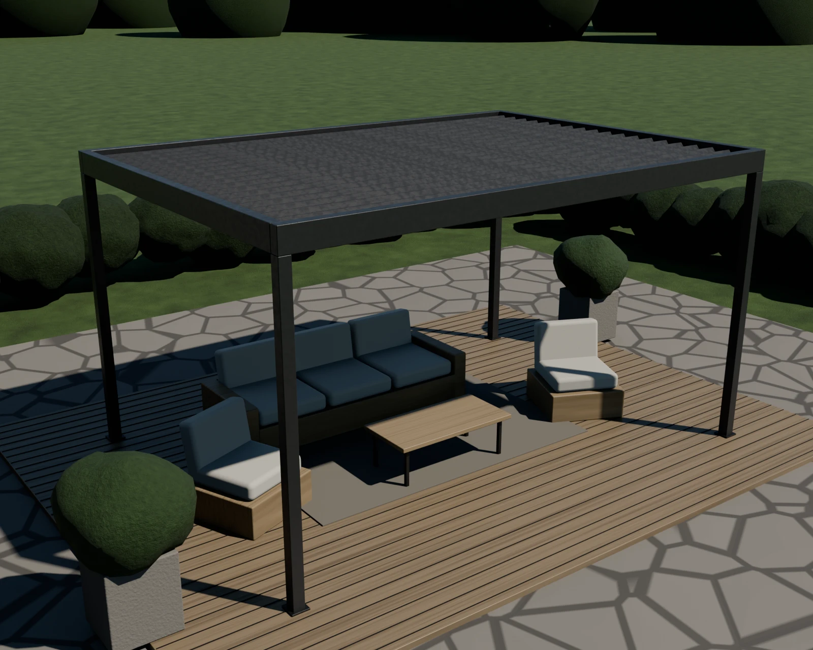 Pergola autoportante en aluminium charbon sur une terrasse en bois.