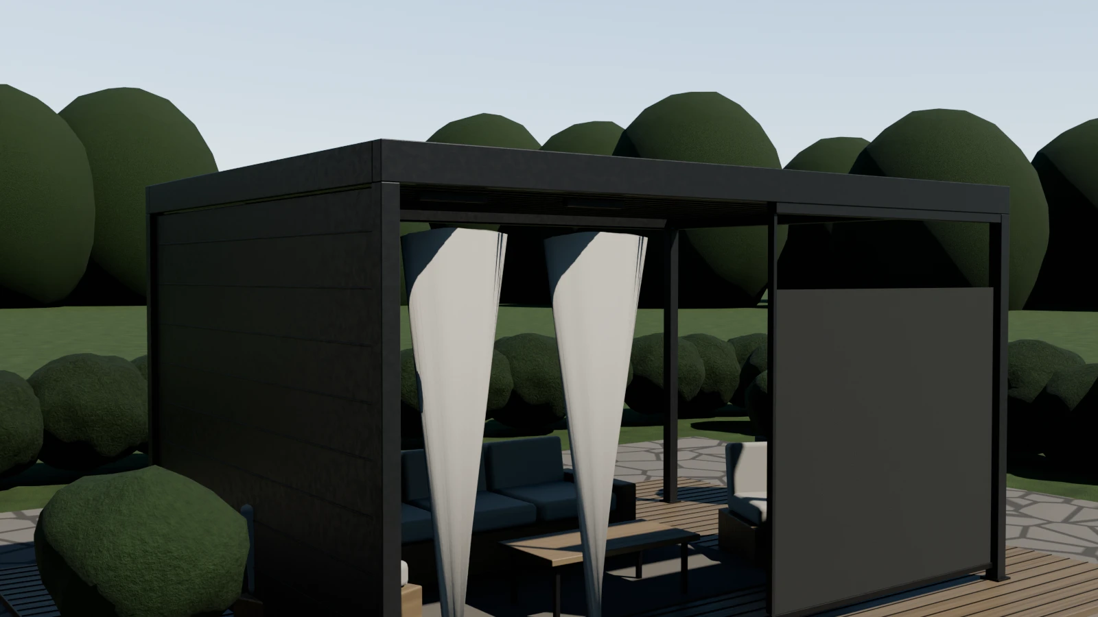 La même pergola, lames fermées, avec panneau d’intimité, store coupe-vent et rideaux.