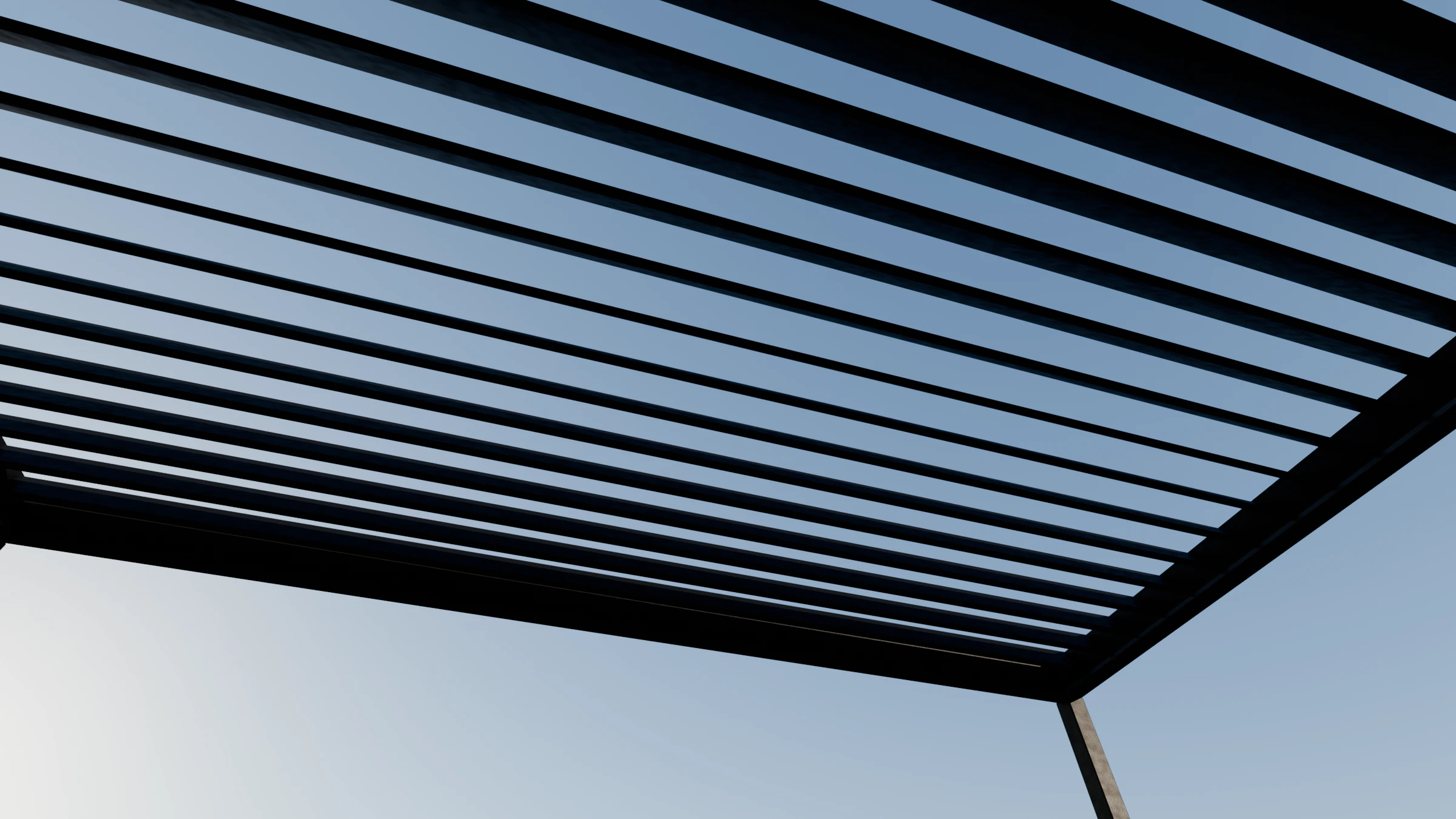 Vue en contre-plongée d’une pergola en aluminium : les lames entrouvertes laissent passer le ciel.