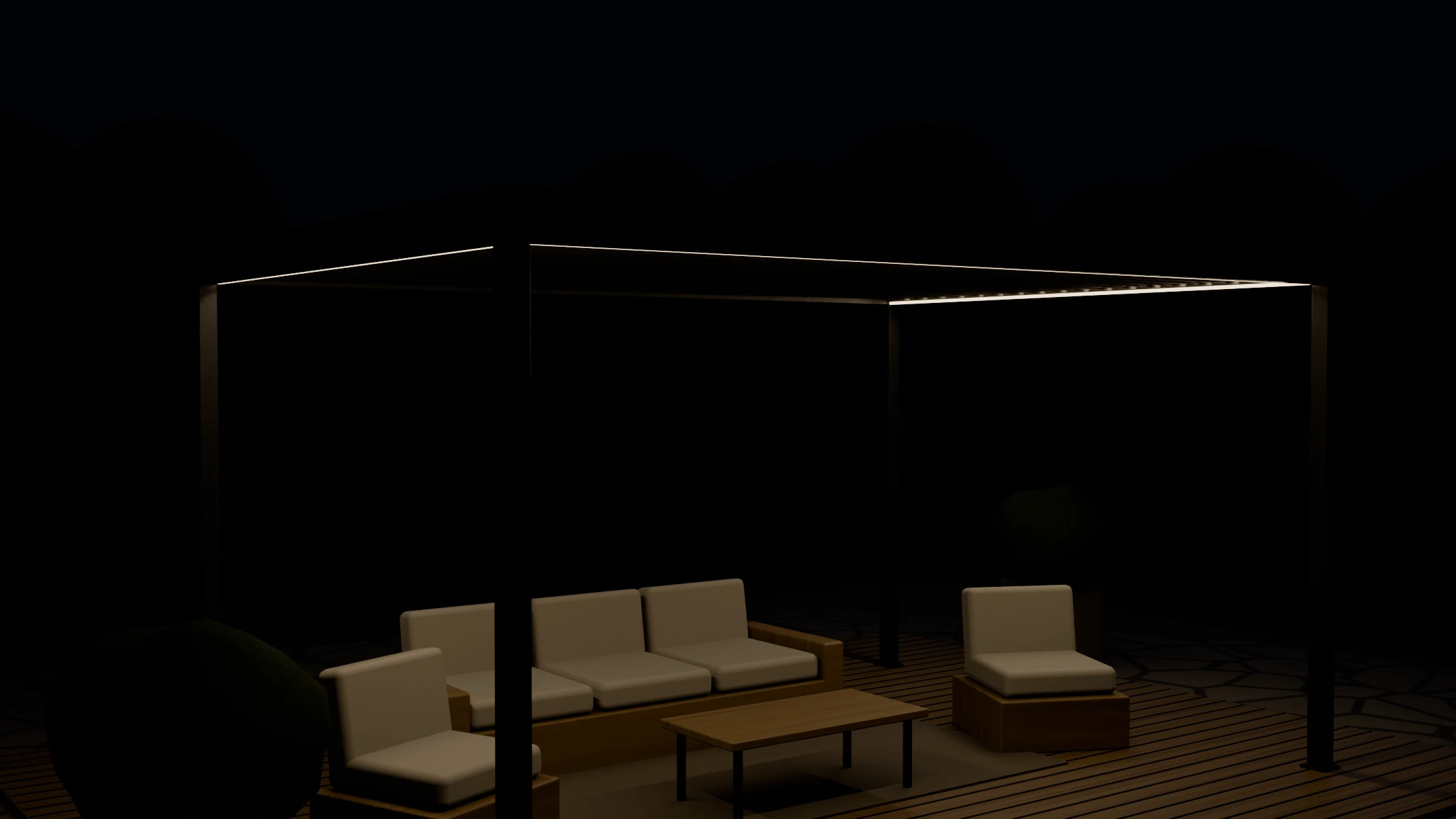 La même pergola après le coucher du soleil : l’éclairage intégré est allumé.